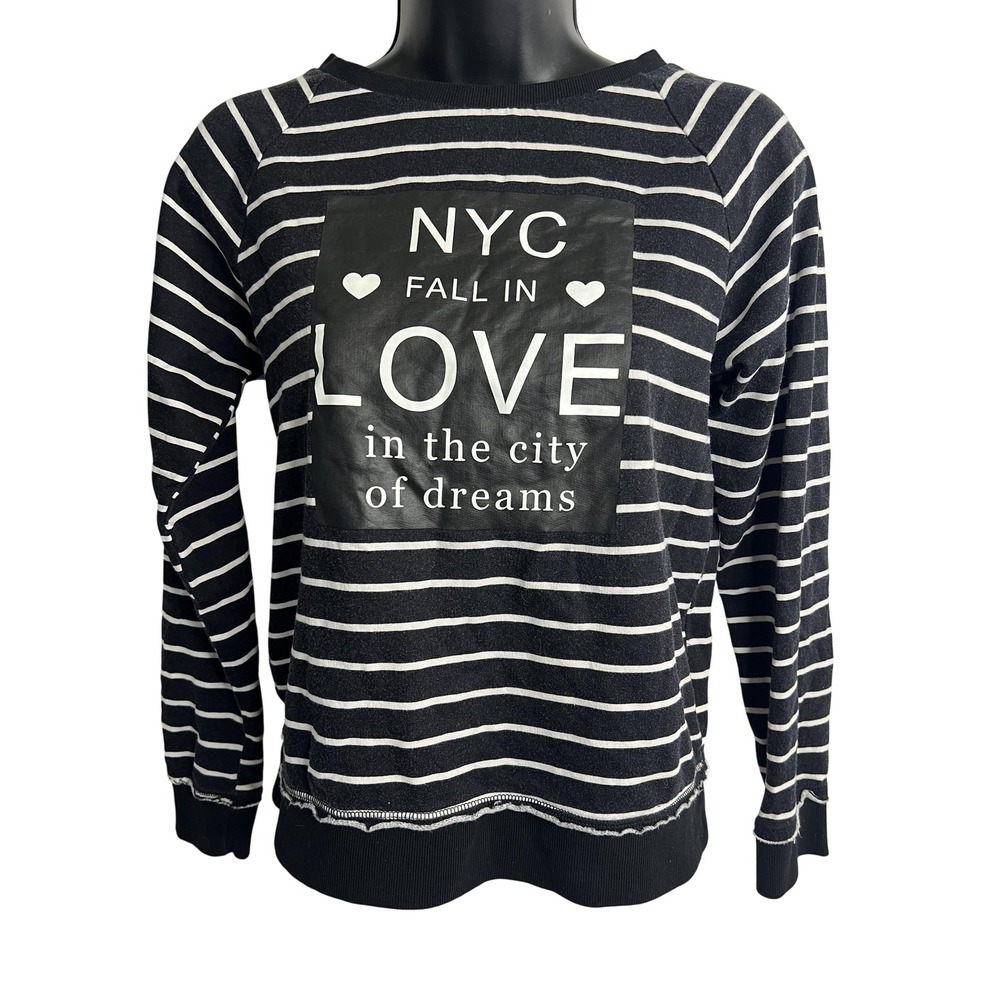 H&M Sweatshirt Girls 12-14Y Black Striped NYC Fall In Love Pullover‎ Crewneck